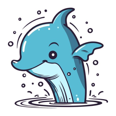 Cartoon dolphin in the water. Vector illustration isolated on wh