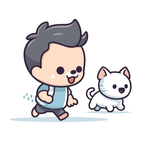 Cute little boy running with cat and dog cartoon vector illustra