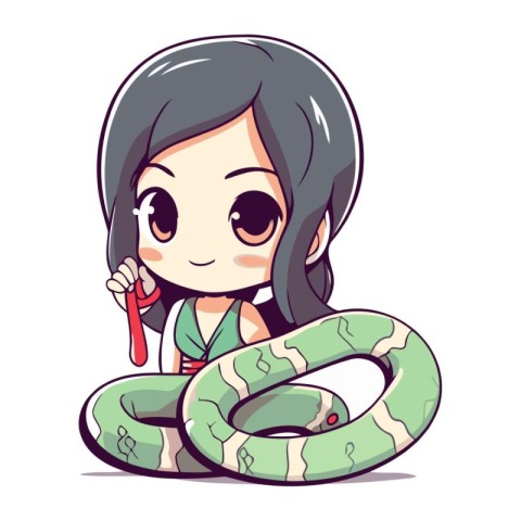 Illustration of a Cute Little Asian Girl Holding a Snake.