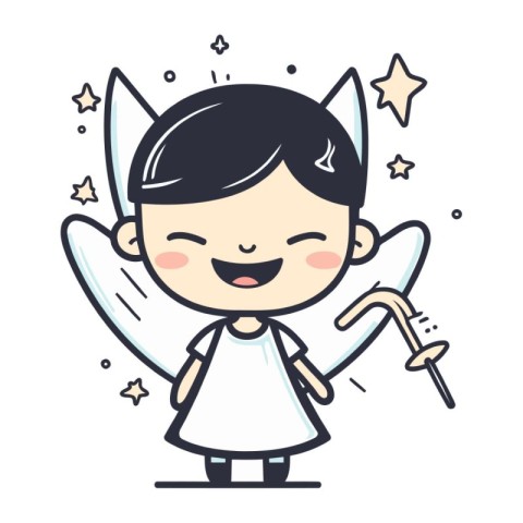 Cute little angel with magic wand. Vector cartoon character illu