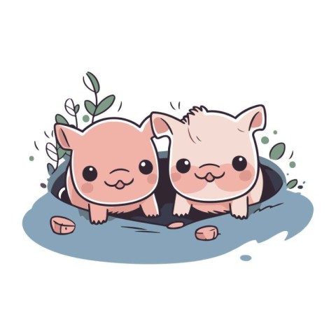 Cute pig and piglet in the hole. Vector illustration.