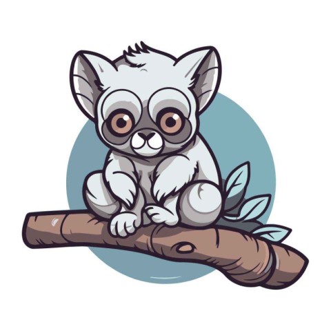 Cute cartoon lemur with big eyes sitting on a branch. Vector ill