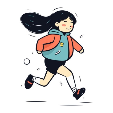 Cute girl running with backpack. Vector illustration in cartoon