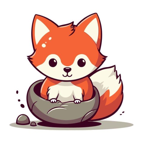 Cute cartoon fox sitting in a clay bowl. Vector illustration.