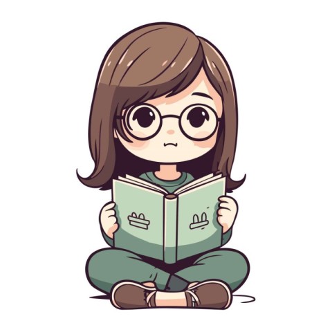 Cute little girl reading a book. Vector illustration in cartoon