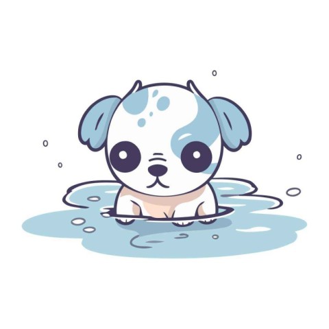 Cute cartoon dog swimming in the water. Vector illustration on w