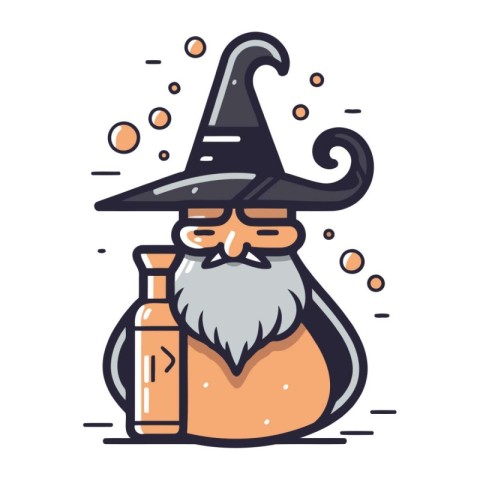 Witch with bottle of potion and hat. Vector illustration in flat