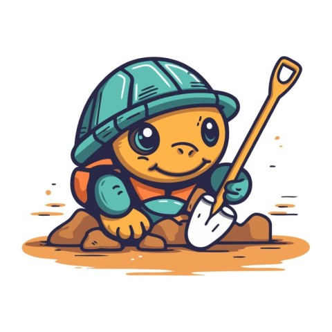 Illustration of Cute Cartoon Worker Character with Shovel and Ha