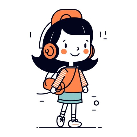 Cute girl listening to music with headphones. Line art vector il