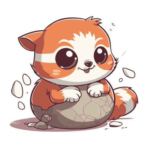 Cute little red panda sitting on a stone. Vector illustration.