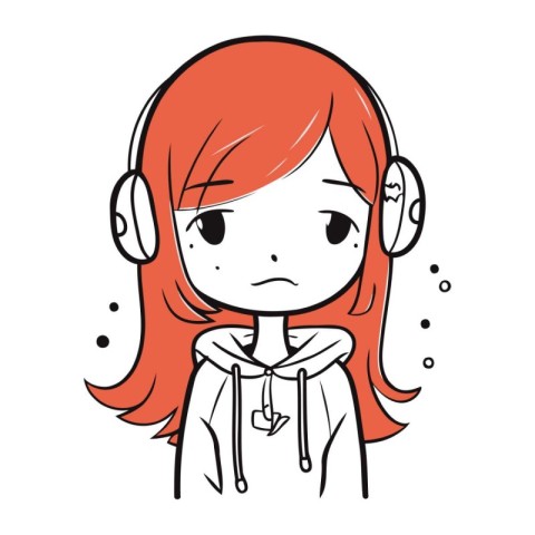 Illustration of a sad little girl with red hair wearing headphon