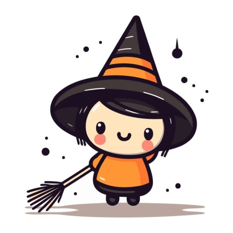 Cute little witch with broom cartoon vector illustration. Happy