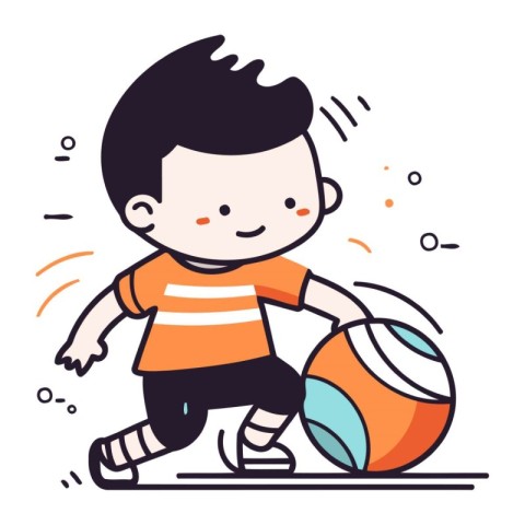 Cute little boy playing with ball. Vector illustration in linear