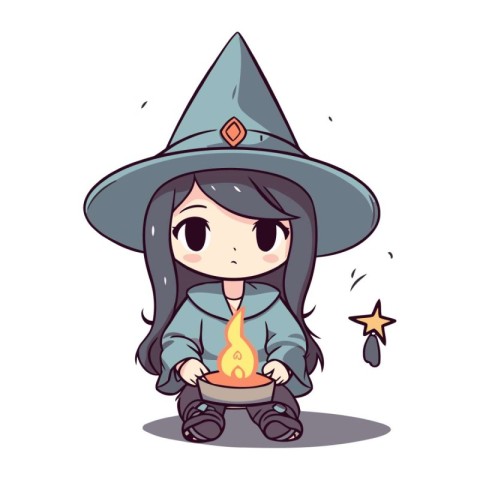 Cute witch girl with a candle in her hand. Vector illustration.