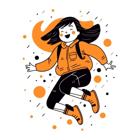 Vector illustration of a happy girl jumping in the air with a ba