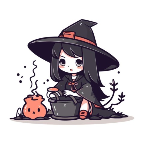 Cute little girl witch with a pot of potion. Vector illustration