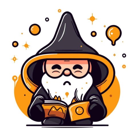 Cute wizard reading a book. Vector illustration in cartoon style