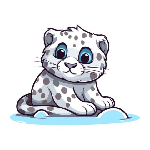 Cute cartoon snow leopard sitting on ice. Vector illustration.