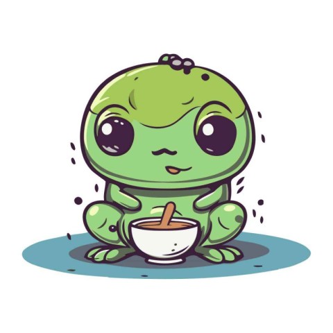 Cute little frog with a cup of coffee. Vector illustration.