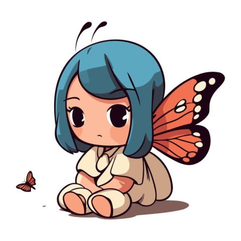 Cute little girl sitting with butterfly on her back. Vector illu