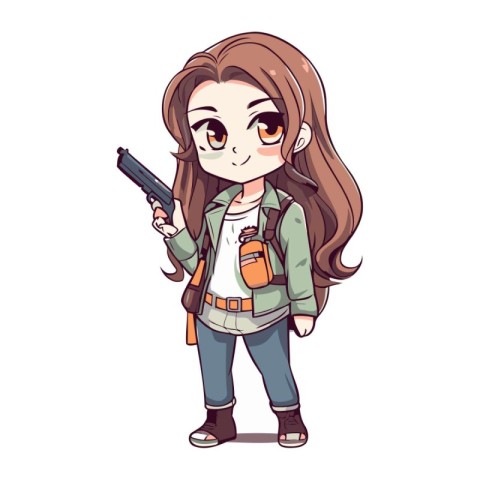 Cute little girl with a gun. Vector illustration in cartoon styl