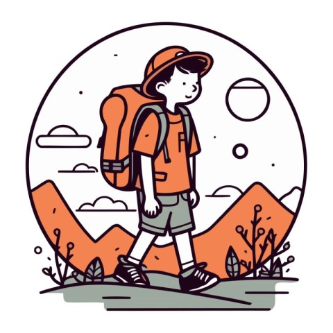 Vector illustration of a boy with a backpack hiking in the mount