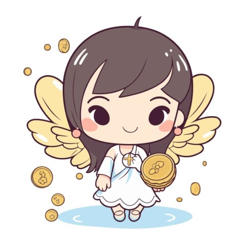 Cute angel girl with gold coin. Vector illustration in cartoon s