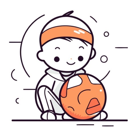 Cute boy playing bowling. Vector illustration in thin line style