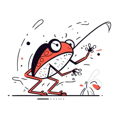 Funny cartoon frog with fishing rod. Vector illustration in dood