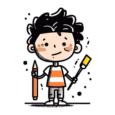 Cute boy with pencil and paint brush. vector cartoon illustratio