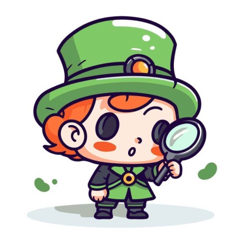 St. Patricks Day Elf with Magnifying Glass Vector Illustration