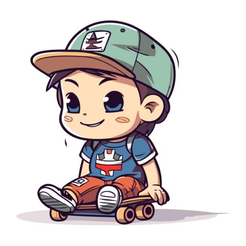 Cute little boy riding on a skateboard. Vector illustration.