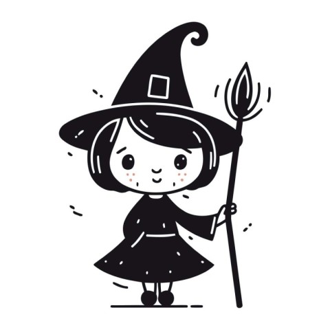 Cute little girl in a witch costume holding a broom. Vector illu