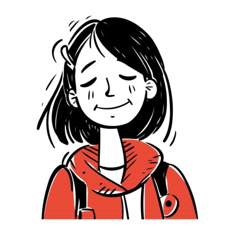 Illustration of a woman with a red jacket and a backpack.