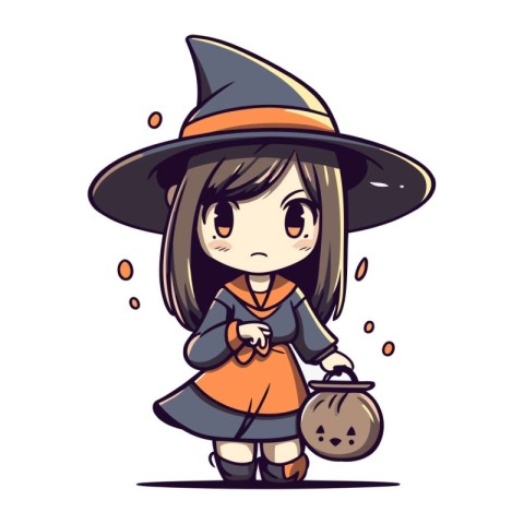 Cute little girl in witch costume with pumpkin. Vector illustrat