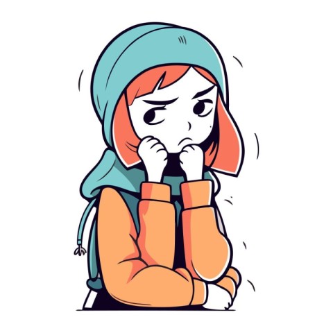 Sad girl in winter clothes with a backpack. Vector cartoon illus