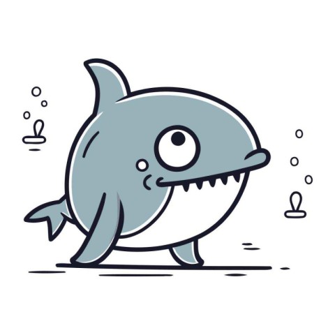 Vector illustration of cute cartoon shark running. Line art desi