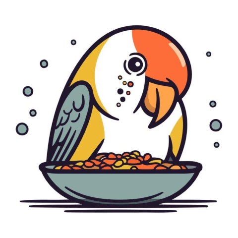 Parrot eating food from bowl. Vector illustration in cartoon sty