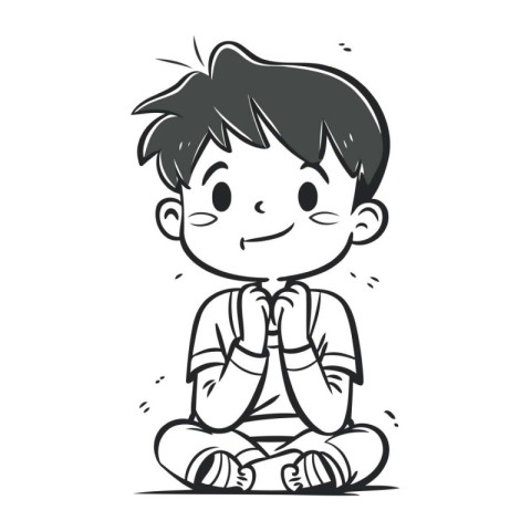 cute little boy sitting on the floor and praying. vector illustr