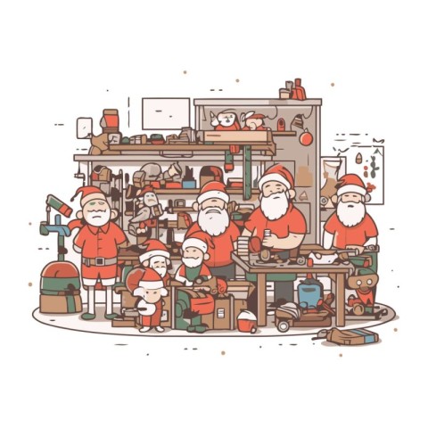 Santa Claus and children in the kitchen. Vector illustration in