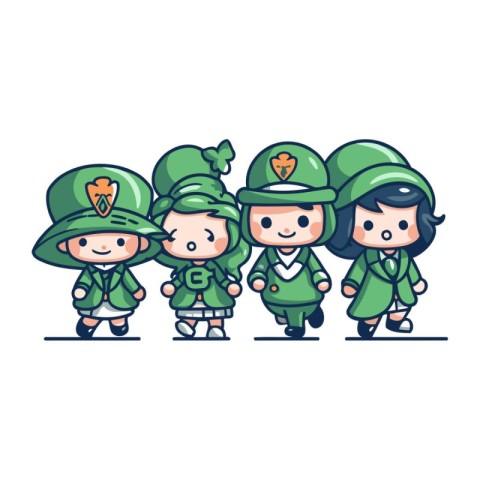 Cartoon vector illustration of a group of soldiers in green unif