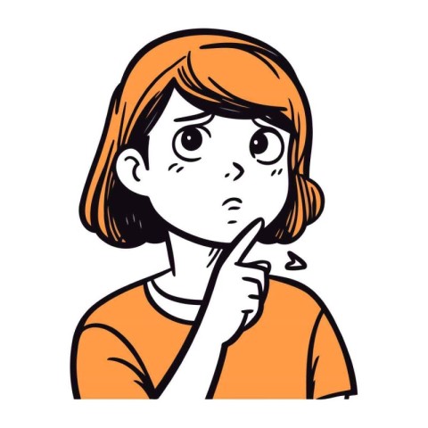 Young woman thinking with finger on chin. Vector illustration in