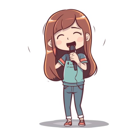 Cute little girl singing karaoke with microphone. Vector illustr