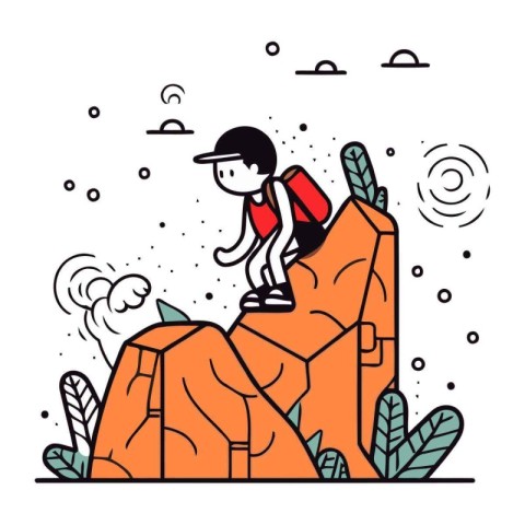 Climber on a mountain. Vector illustration in thin line style.