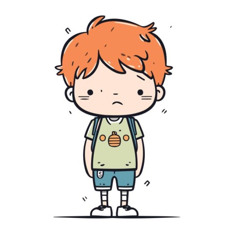 Sad little boy with backpack. Vector illustration in doodle styl