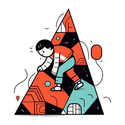 Vector illustration of a boy building a house. Line art style.