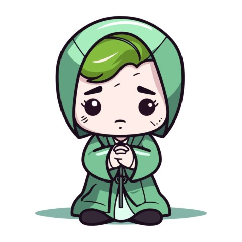 Praying girl wearing raincoat character cartoon vector illustrat