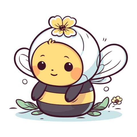 Cute cartoon bee with flower in its hair. Vector illustration.