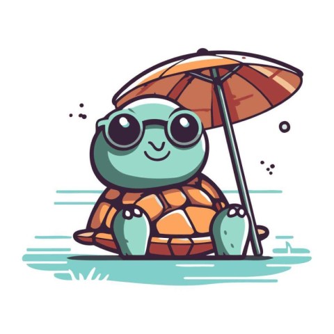 Cute turtle on the beach with an umbrella. Vector illustration.