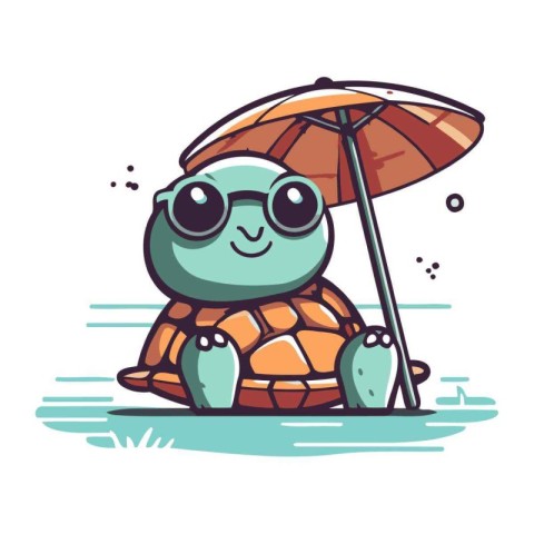 Cute turtle on the beach with an umbrella. Vector illustration.
